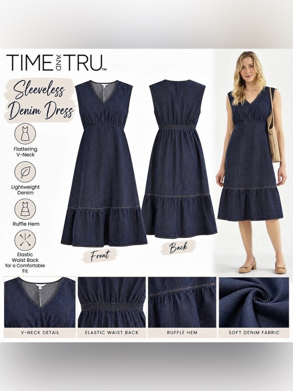 NWT Time and Tru Women's Sleeveless Denim Dress with Ruffle Hem size XL